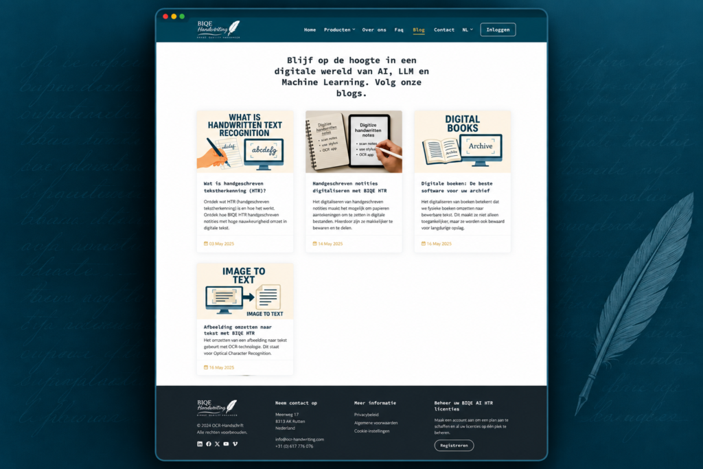BIQE AI HTR blogpagina met artikelen over handschriftherkenning en digitalisering
