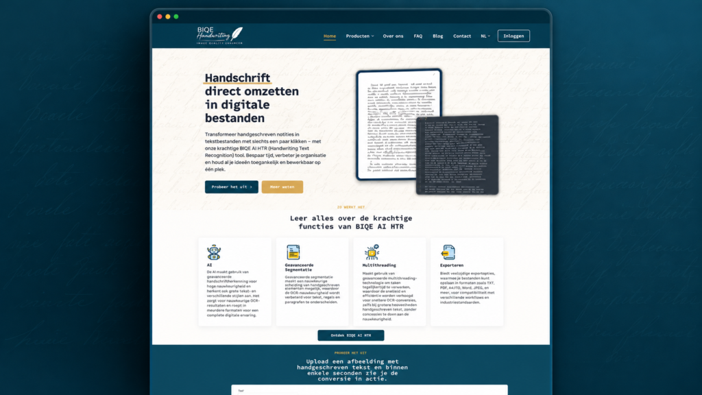 BIQE AI HTR homepage voor het digitaliseren van handgeschreven documenten