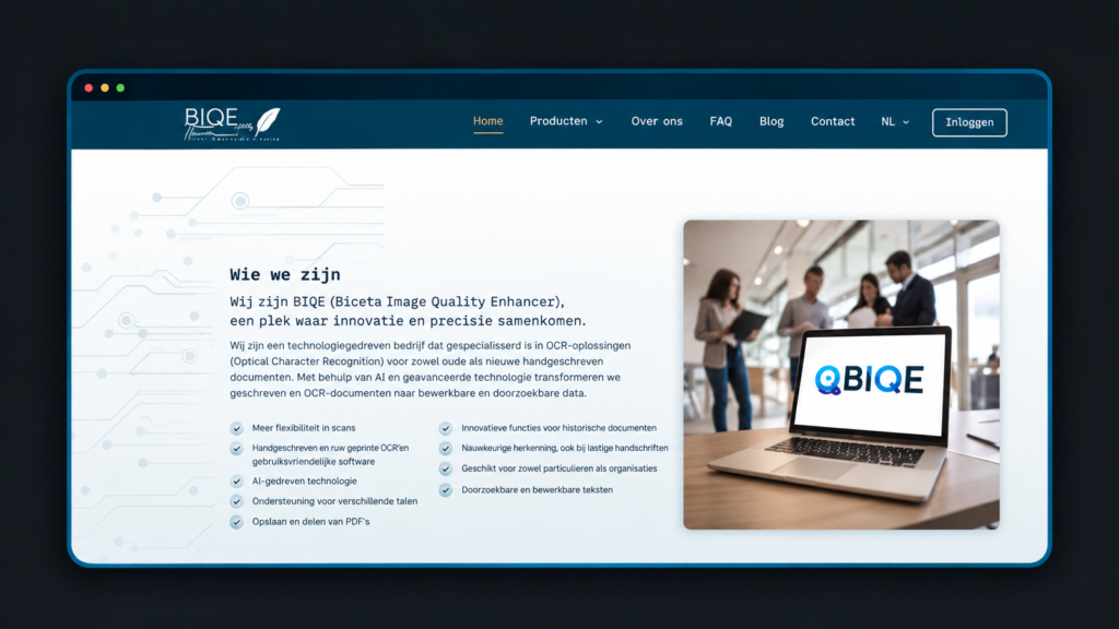 Oude homepage van BIQE vóór het redesign