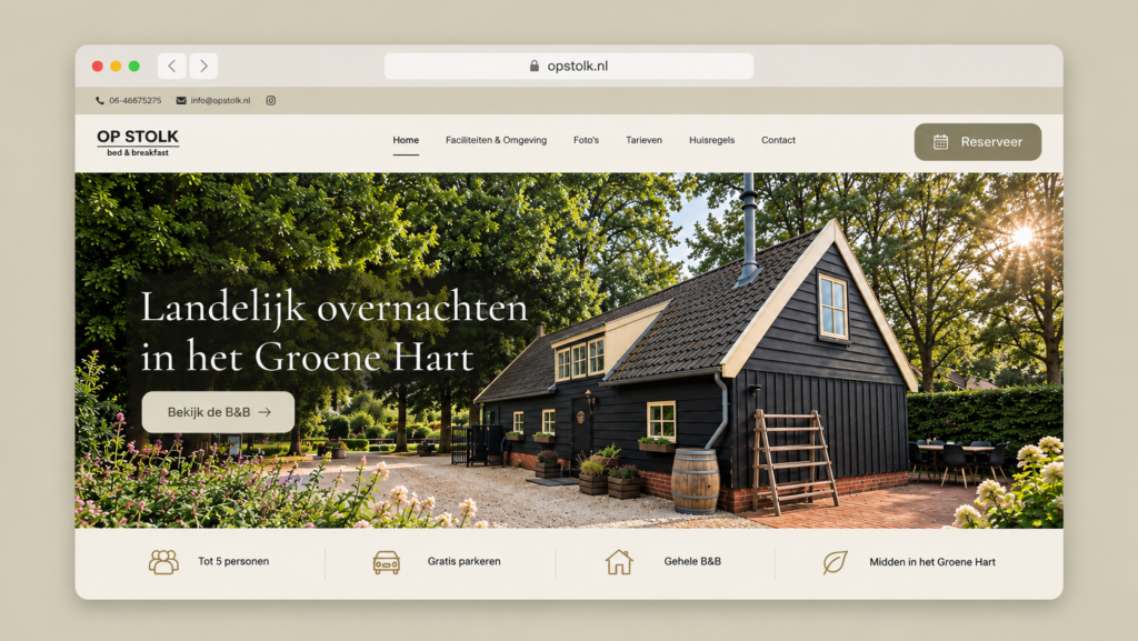Nieuw UX/UI ontwerp van de homepage van Op Stolk B&B na het redesign