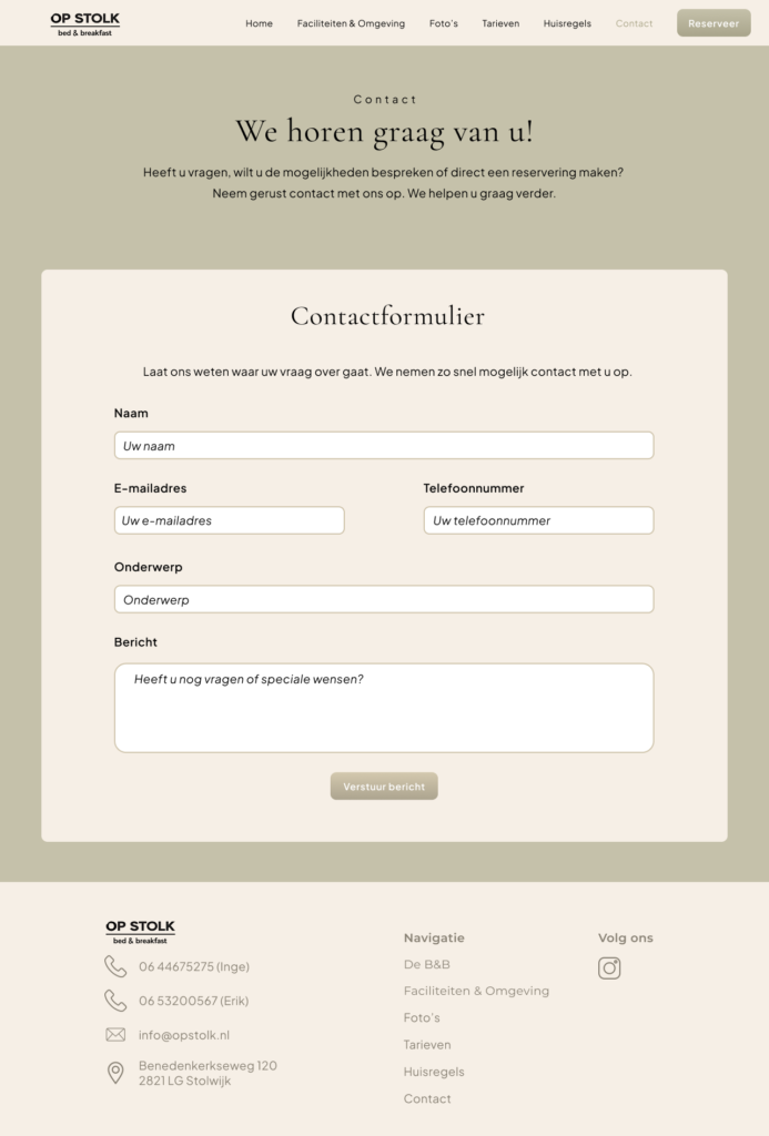 Overzicht van het UX/UI redesign van de verschillende pagina's van de Op Stolk B&B website